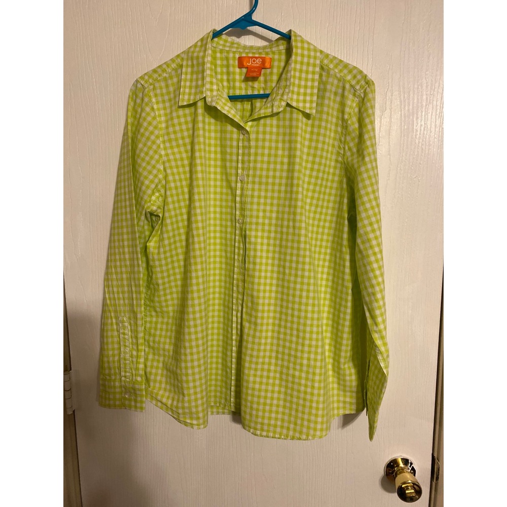 Joe Fresh Lime Green White Gingham Button Down Shirt Womens XL Long Sleeve Top